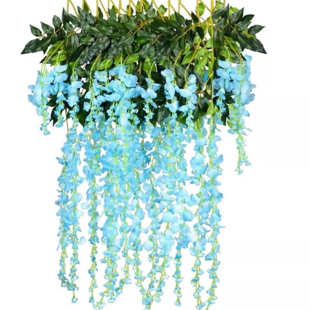 24 Pack Light Blue Hanging Wisteria Silk Flowers 43 Inch Strands Vines